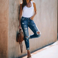 Retro High-waisted Stretch Jeans With Ripped Feet And Slimming