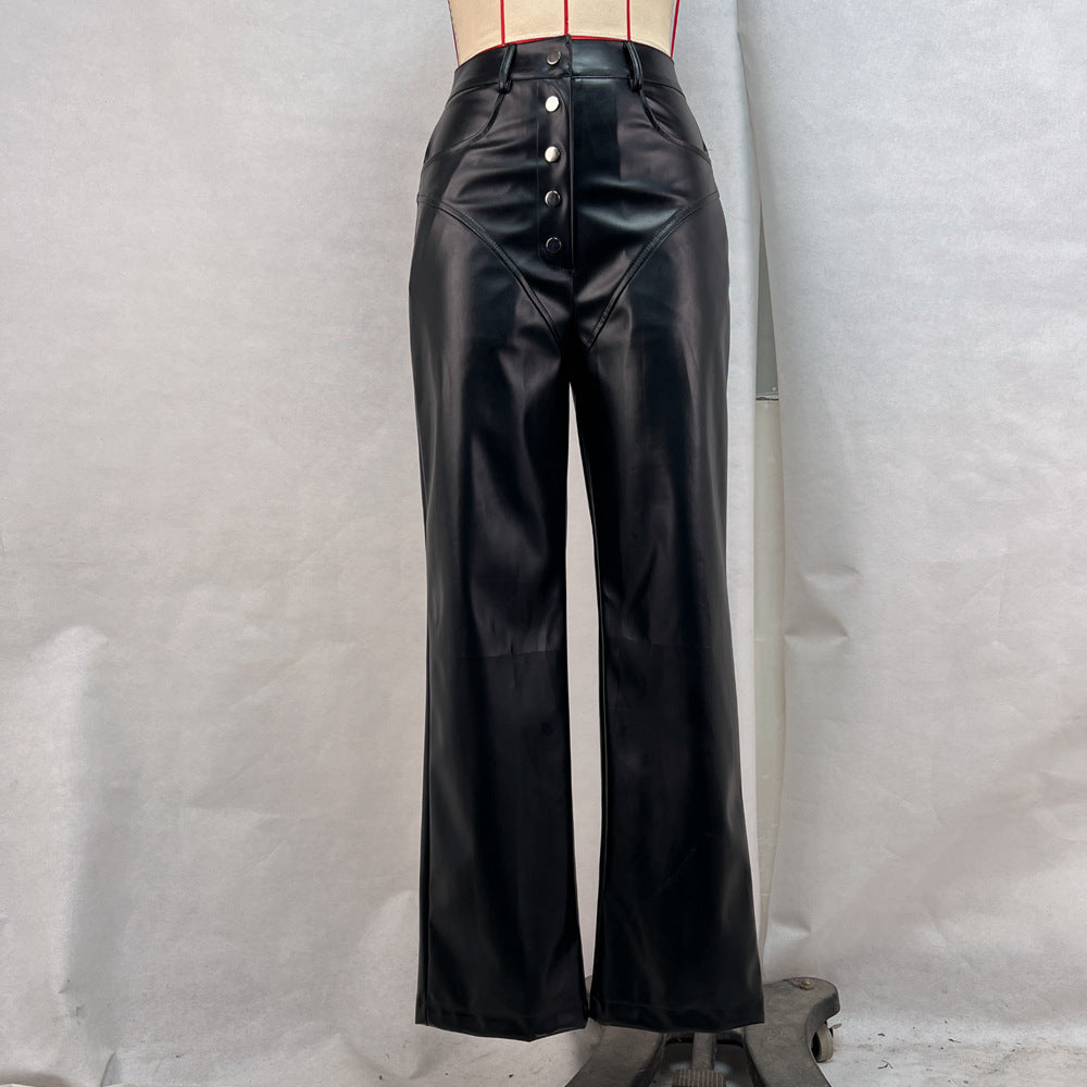 Autumn And Winter High Waist Leather Stitching Length Women's Casual Pants
