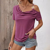 Asymmetrical Off-the-Shoulder Loose Short-Sleeve Top With A Single Metal Button