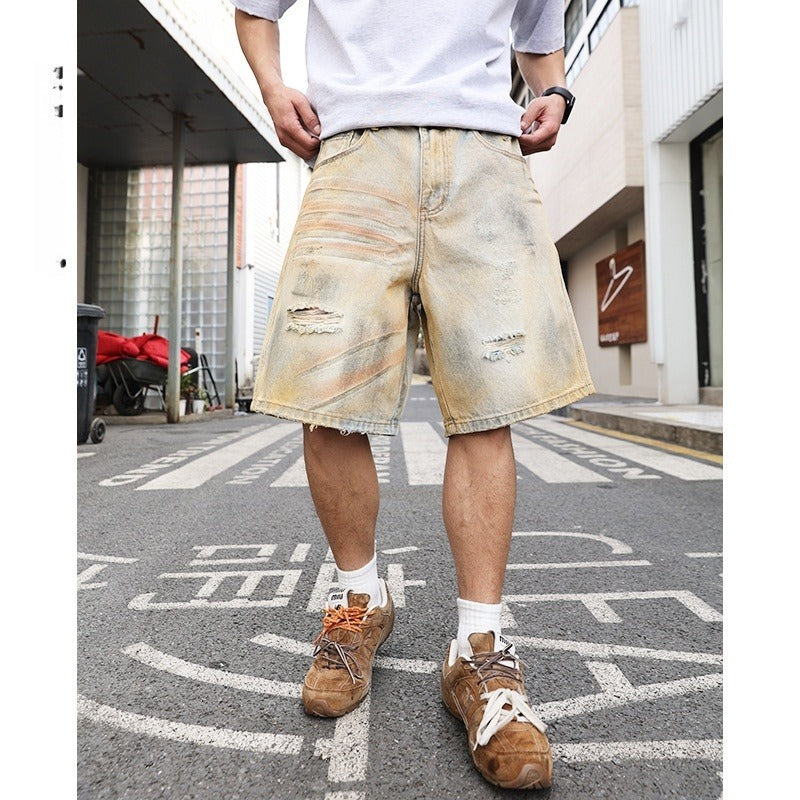 Ripped Straight-leg Denim Men's Shorts