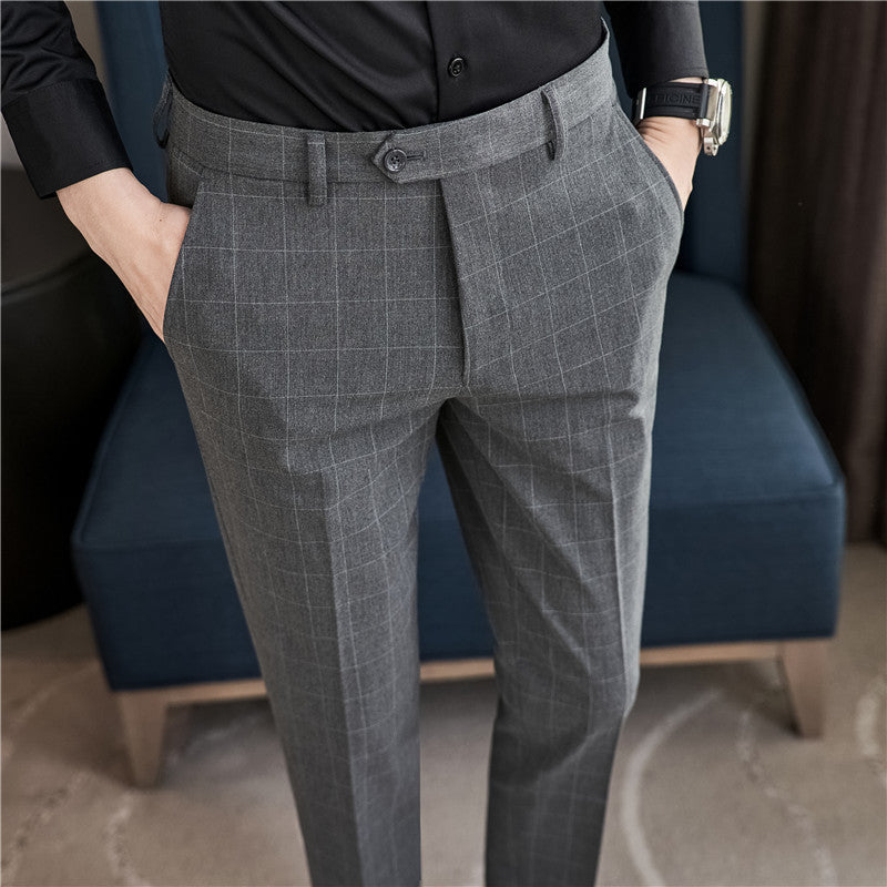 Textured Plaid Pants Slim-fit
