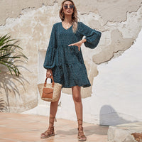 V-Neck Polka Dot Lantern Sleeve Long Sleeve Women High Waist Dress