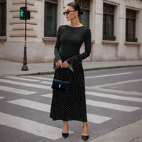 Socialite-style Black Polka-dot Dress For Women Autumnwinter Long-sleeve Ultra-low Back Figure-hugging With Tie-back Detail And Maxi Length