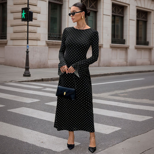 Socialite-style Black Polka-dot Dress For Women Autumnwinter Long-sleeve Ultra-low Back Figure-hugging With Tie-back Detail And Maxi Length