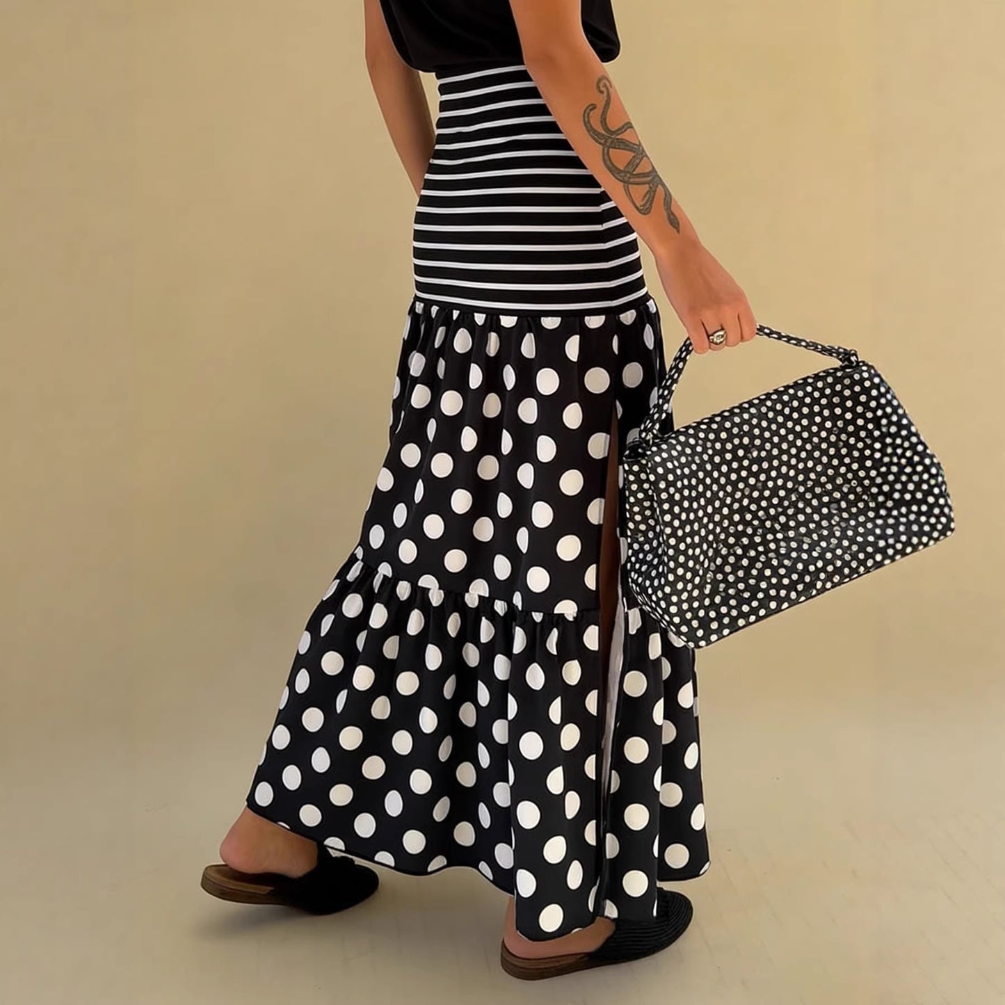 Striped And Polka-dot Long Skirt With A Slit