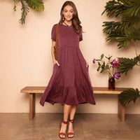 European And American Summer Pure Color Ruffles Hem Hidden Pocket Elegant Dress