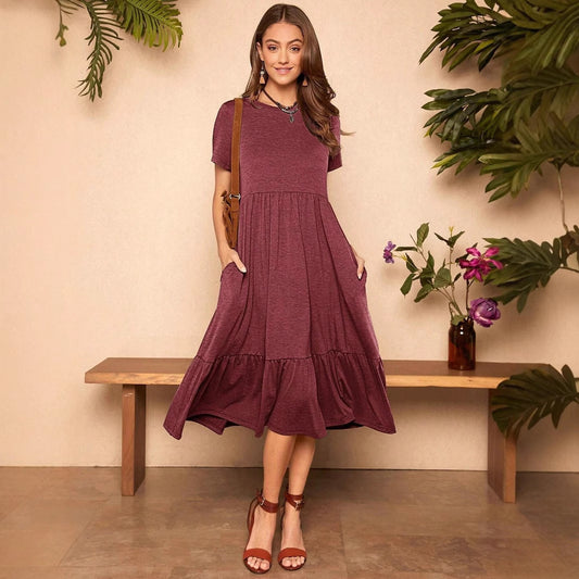 European And American Summer Pure Color Ruffles Hem Hidden Pocket Elegant Dress