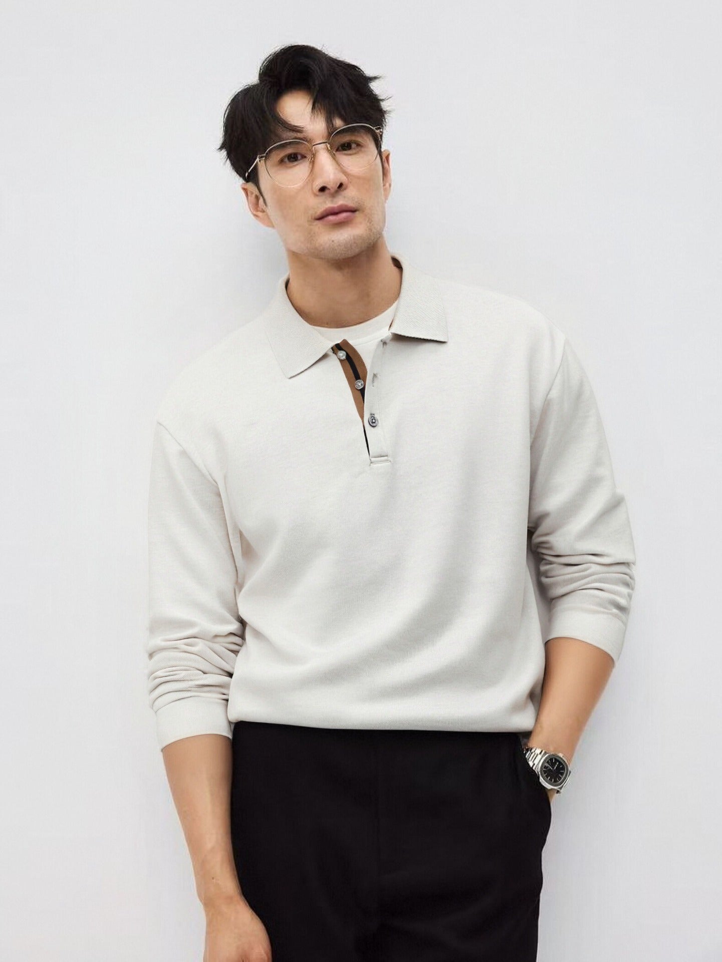 Mens Relaxed-fit Solid-color Casual Long-sleeve Shirt
