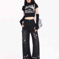 Korean Style Retro XINGX Embroidered Jeans Autumn And Winter New High Waist Splash-ink Wide Leg Straight Mop Pants