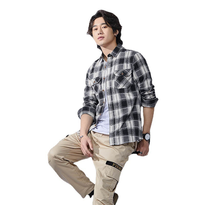 Men's Casual Plaid Lapel Long-sleeve Shirt