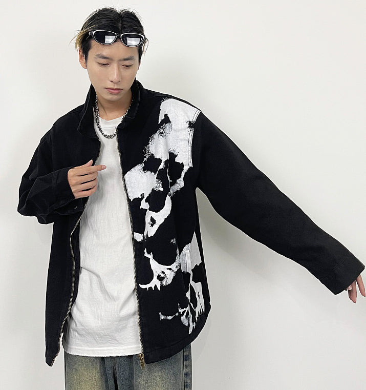 Embroidered Skull Print Black Denim Jacket