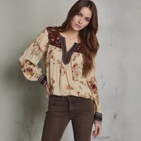 V-Neck Lace-Patchwork Long-Sleeve Floral Print Womens T-Shirt