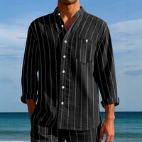 Men's Linen Fashion Shirt Striped Stand-up Collar Loose-fitting Breathable Casual