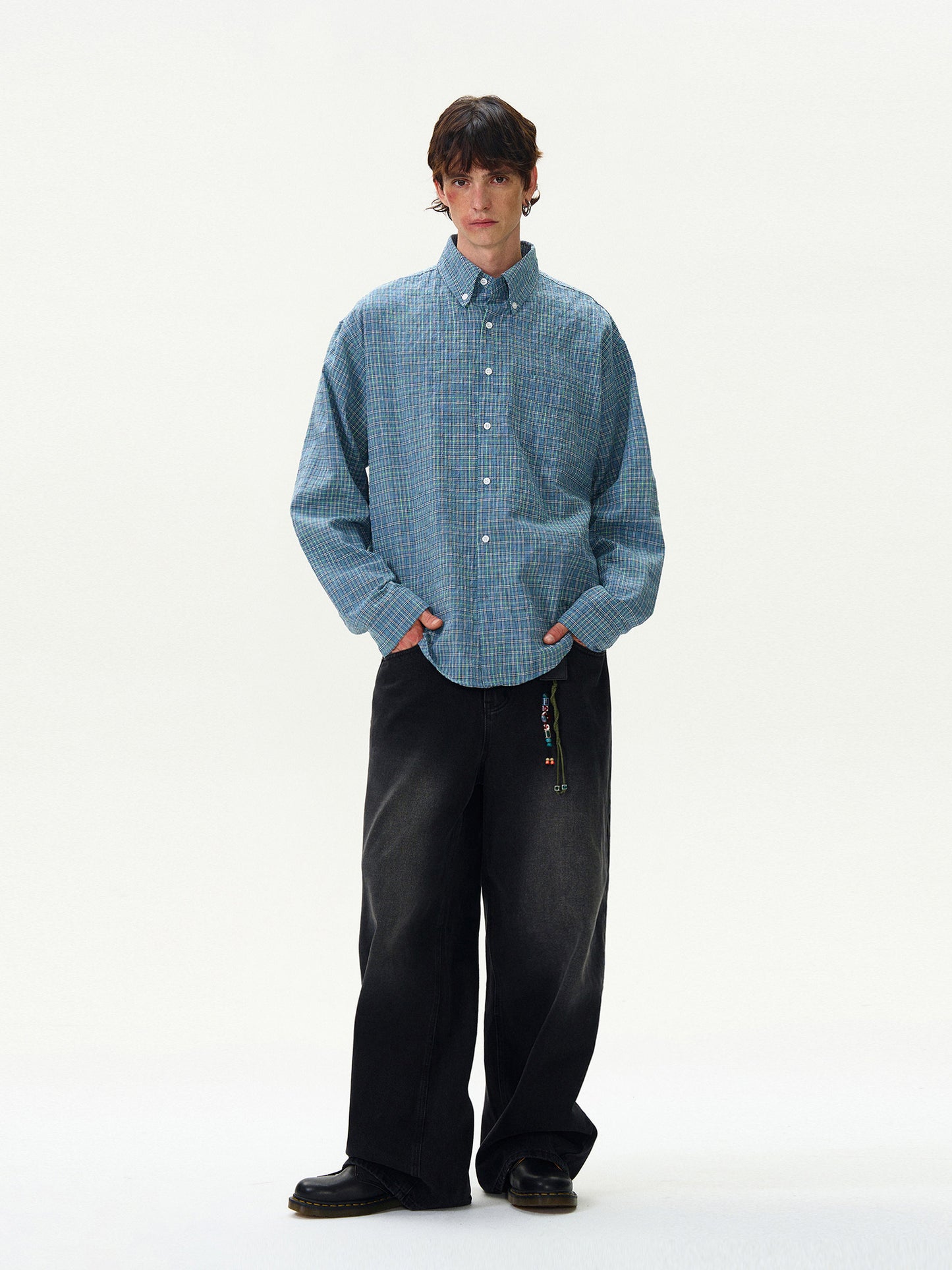 American Style Vintage Plaid Pleated Shirt