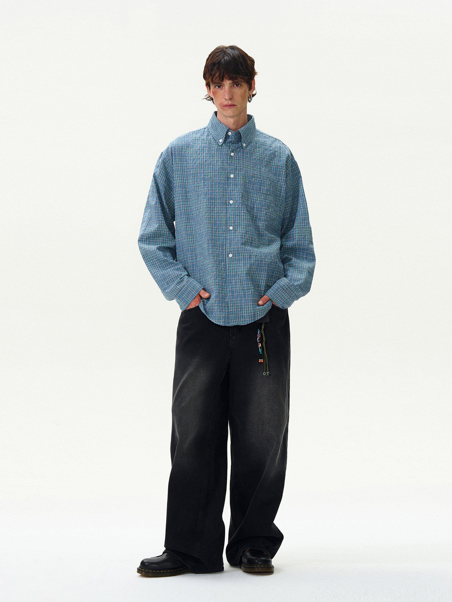 American Style Vintage Plaid Pleated Shirt