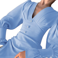 Elegant A-line Dress With A Commuter-friendly Vibe Pleated Design Deep V-neck Button Detailing Cinched Waist And Chic Lantern Sleeves