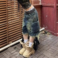 American Retro Plus Size Washed Denim Frayed Workwear With Pocket Cropped Pants