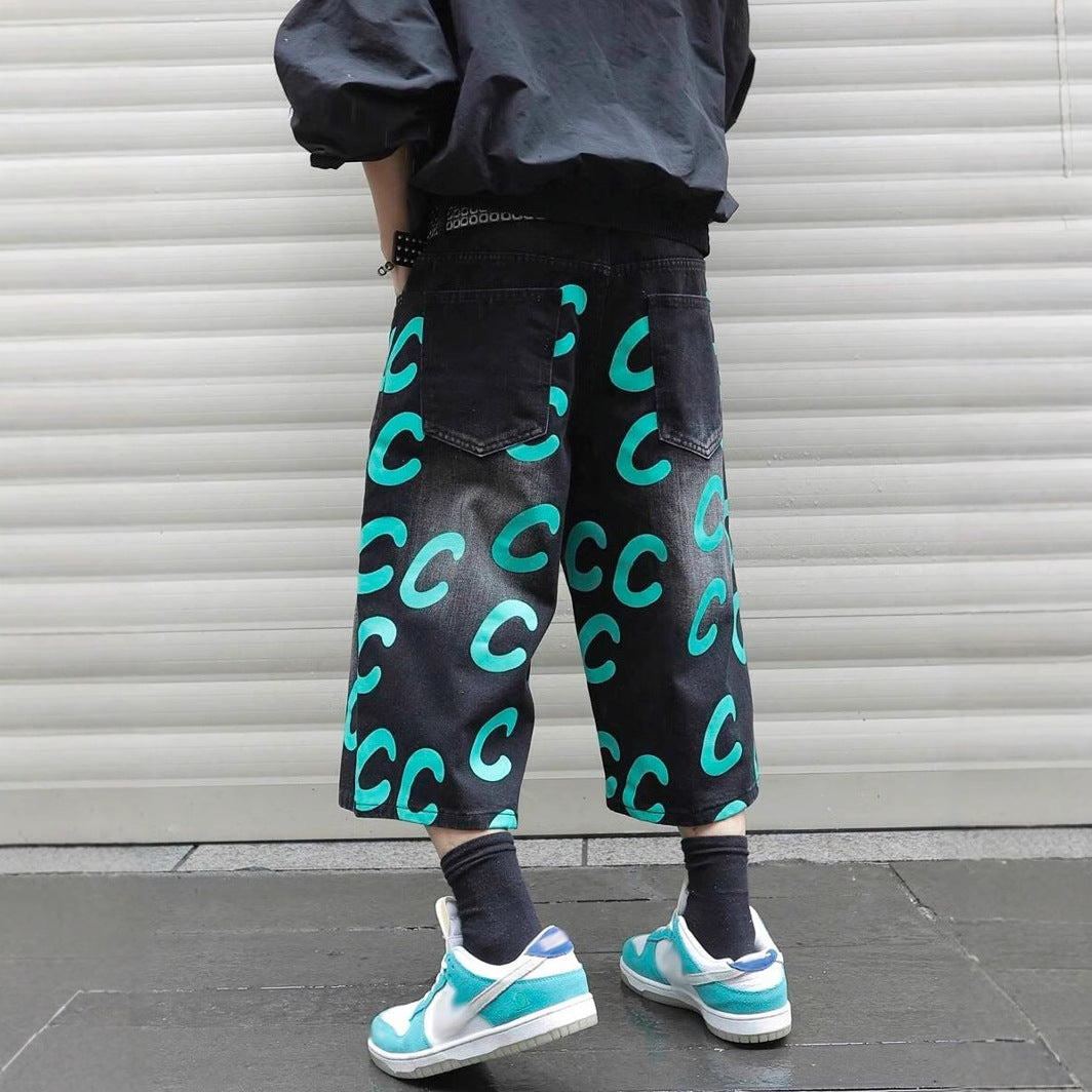 Loose Casual Straight-leg Black Denim Shorts