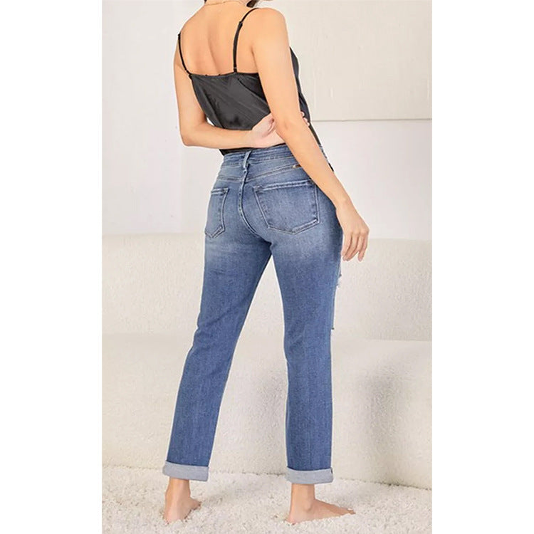 Womens Slim-Fit Ripped Cuffed Denim Jeans