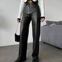 Autumn And Winter High Waist Leather Stitching Length Women's Casual Pants