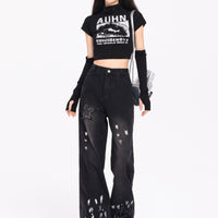Korean Style Retro XINGX Embroidered Jeans Autumn And Winter New High Waist Splash-ink Wide Leg Straight Mop Pants